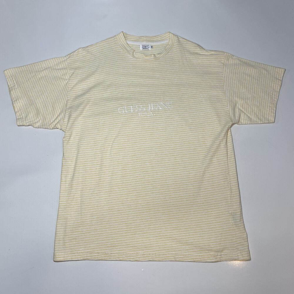 VTG Guess Jeans Los Angeles T-Shirt Men’s M Logo Yellow White Stripe USA